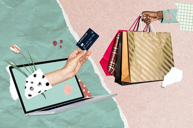 Collage of online payment by card and shopping bags