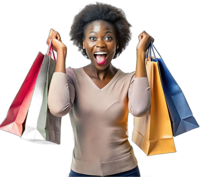 Excited shopper celebrating with shopping bags