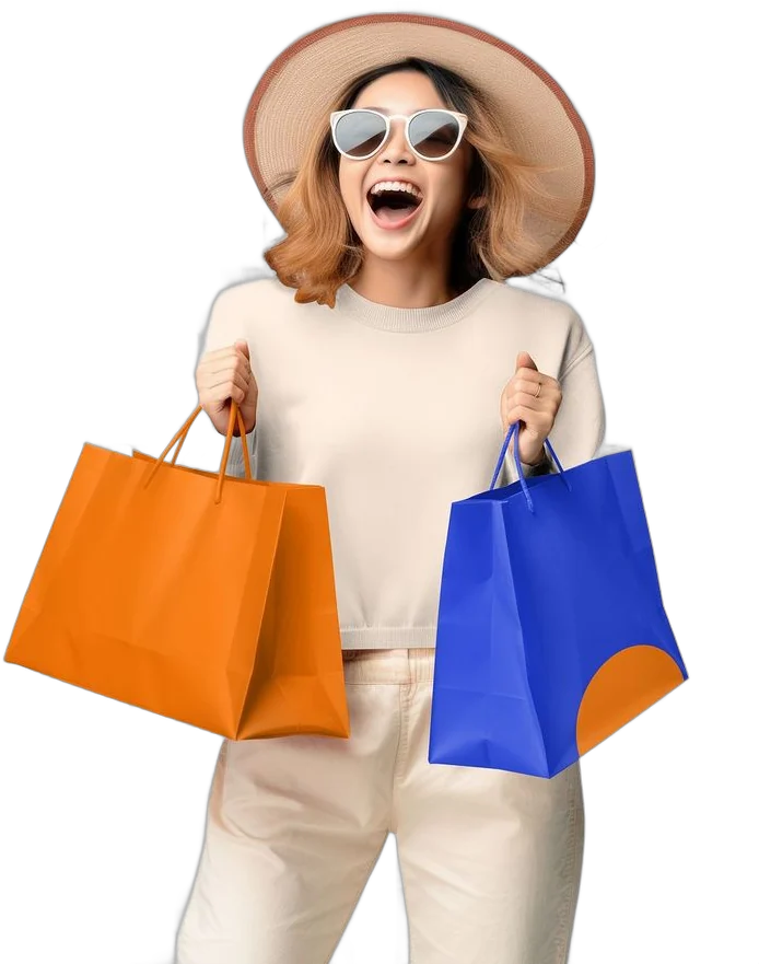 Happy shopper in a sun hat holding shopping bags