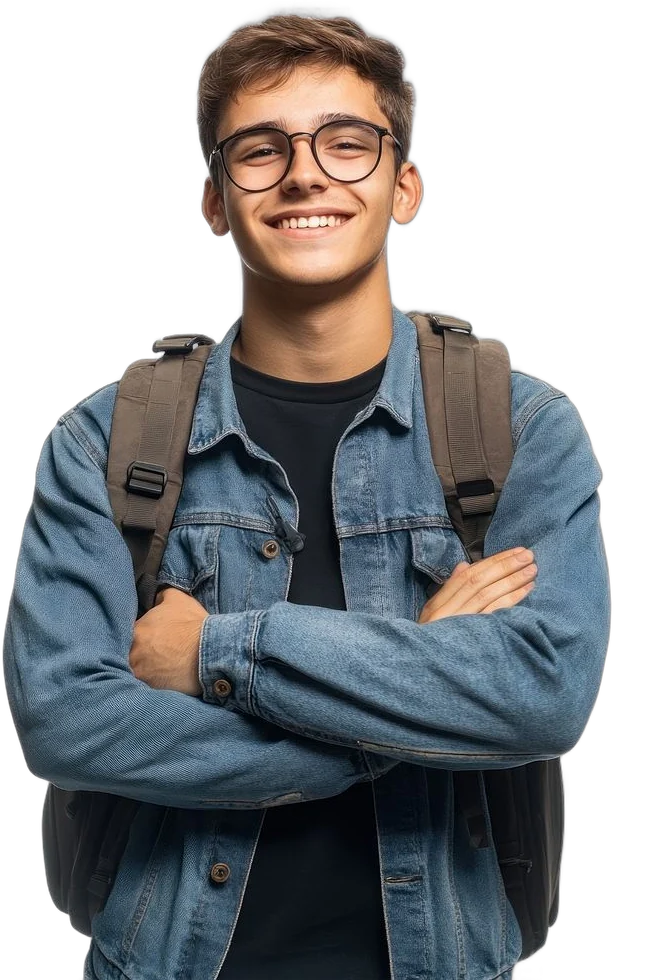 Young customer with a backpack, smiling